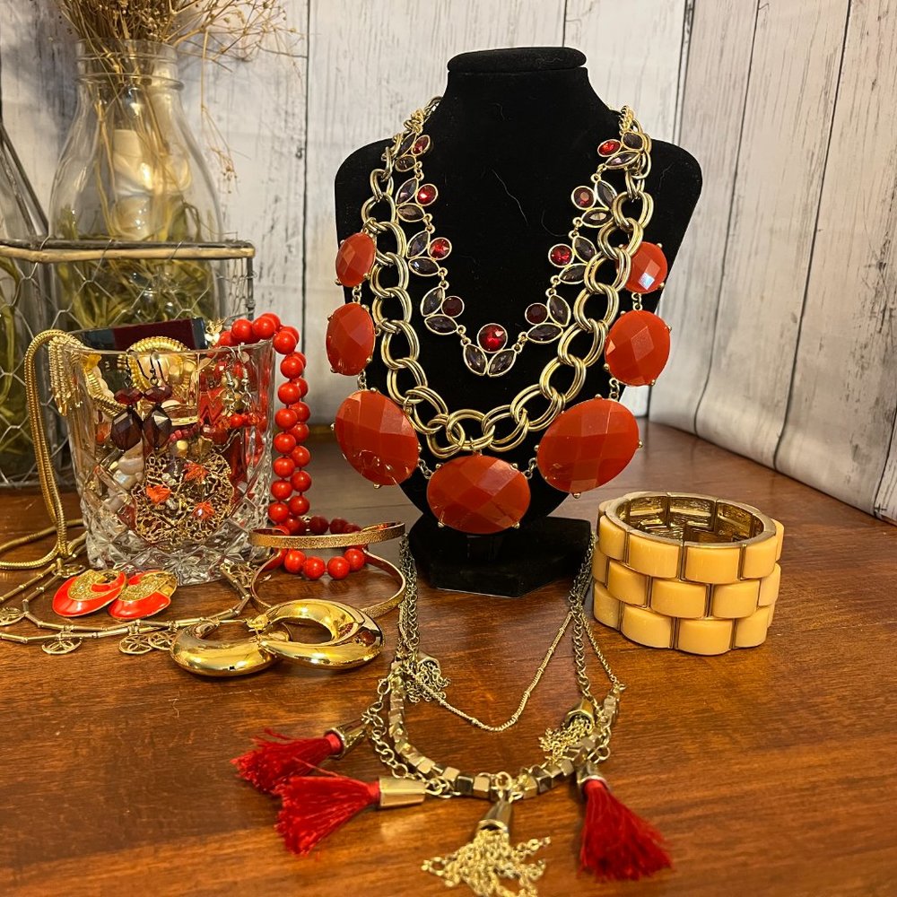 Mystery Mix Jar of Jewelry - Reds and Golds